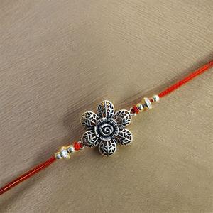 High Quality Geometric Classic Oxidised Silver Rakhi with <b>Engraved</b> Flower-Traditional Silver Design - Product Image 2
