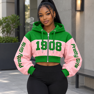 Alpha | Kapa | Alpha Sorority Women's Color Block <b>Cropped</b> <b>Zip</b>-<b>Up</b> <b>Hoodie</b> Greek Letter Embroidered Sweatshirt Collegiate Crop Top - Product Image 5