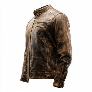 Veste en cuir de motard marron vintage de haute qualité et de style premium. Banger pour le streetwear - Product Image 3