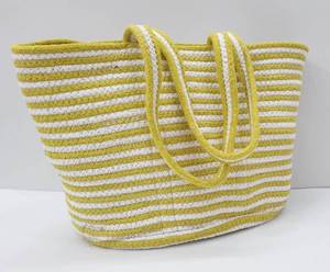 Handcrafted yellow & white braided cotton rope <b>tote</b> <b>bag</b> with durable handles perfect for beach <b>bags</b> with cotton linings & <b>zipper</b> - Product Image 2