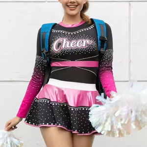 Uniforme de cheerleading Econex pour femmes adultes, noir et rose, ensemble jupe à manches longues, polyester, imprimé par transfert thermique, strass - Product Image 3