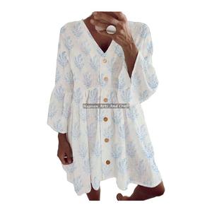 Robe d'été imprimée à la main en coton 100% pour femme, style décontracté, coupe courte - Product Image 1