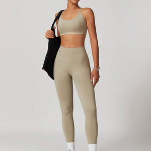 <b>Seamless</b> Yoga Set 2 Piece High Waist Crop Top & <b>Leggings</b> Solid Color Crisscross Back Sport Wear for Women - Product Image 4