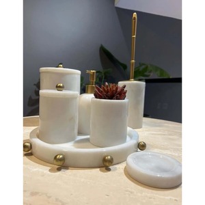 White Marble Bathroom Set 6-Piece Round Minimalist Soap Dispenser <b>Toothbrush</b> <b>Holder</b> Tray Easy To Clean - Product Image 2