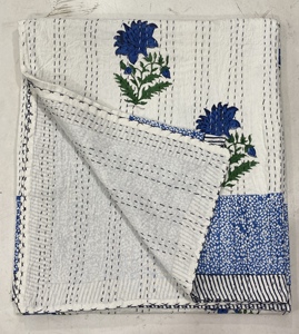 Hand Block Printed Kantha <b>Quilt</b> Blue Cotton Floral Pattern Traditional Indian Stitched Bedspread Home Decor <b>Throw</b> Cover - Product Image 2