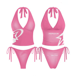 Premium 200 GSM polyester spandex <b>navy</b> pink sublimation print halter <b>tie</b> bikini swimsuit Women Swim suit - Product Image 5