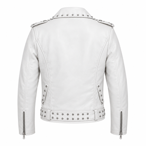 White PU <b>Leather</b> Winter Casual Motorcycle <b>Jacket</b> Men <b>Women</b> Studded Biker <b>Moto</b> Zipper Crew Neck Satin Lining Waterproof Windproof - Product Image 2