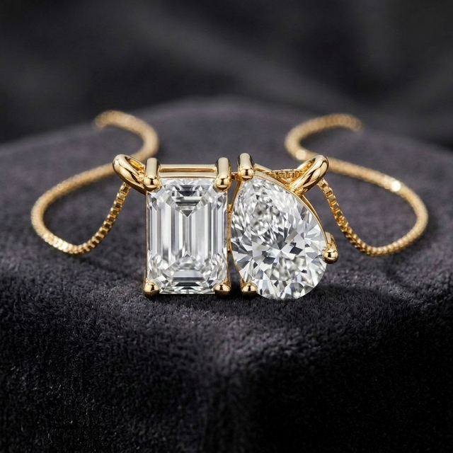 RAAMAA Women's Two Stone Solitaire 14K Gold Plated Emerald Cut Lab Grown Diamonds IGI Certified Luxury Everyday Wear Pendant