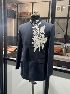 Blue Floral Hand Embroidered Bandhgala Jacket Indo Western <b>Prince</b> <b>Coat</b> Stretchable Wedding Party Formal Wear - Product Image 2