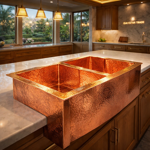 Fregadero de cocina rectangular de cobre puro antiguo de cuatro orificios, doble tazón, hecho a mano, martillado y cepillado, de montaje bajo encimera, de Daystar Trade - Product Image 4