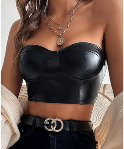 OEM Custom Women's Fashion Wet-Look Black Cow Hide Leather <b>Sexy</b> Strapless <b>Bralette</b> Lace Top Breathable Solid Pattern Short - Product Image 6