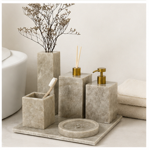 Luxury Grey Marble Bathroom Accessories Set Handcrafted Modern Organizer with Liquid <b>Soap</b> Dispenser Tray and Toothbrush <b>Holder</b> - Product Image 4