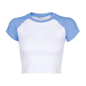 100% algodón de primera calidad Crop Top de punto camiseta Top manga corta Camiseta cuello redondo pulóveres mujeres señoras niñas camisetas Sexy - Product Image 5