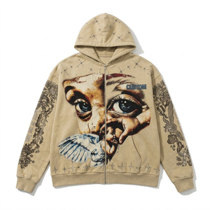 Sweat à capuche zippé beige pour homme, motif graphique, coupe oversize, style streetwear, imprimé artistique vintage, personnalisable OEM, faible MOQ - Product Image 3