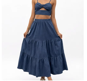 <b>Women's</b> <b>Navy</b> <b>Blue</b> Elastic Waist A-Line Tiered Midi <b>Skirt</b> With Ruffles Bohemian Style Summer Cotton Bamboo Fiber <b>Skirt</b> - Product Image 6
