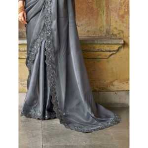 Sorprendente Sari de satén bordado gris para fiesta con blusa - Product Image 2