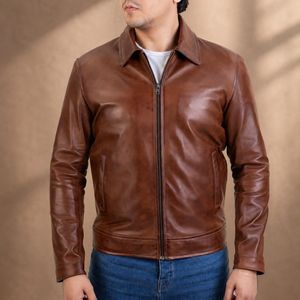 <b>Brown</b> <b>Leather</b> <b>Jacket</b> <b>Men</b> Zip Up Collared Casual Outerwear Autumn Style Genuine <b>Leather</b> Slim Fit Regular Length - Product Image 4
