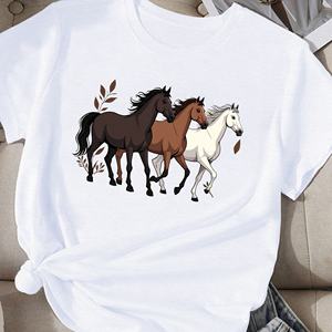 Camiseta de Manga Corta con Cuello Redondo de Punto de Poliéster con Estampado de Tres Caballos para Mujer, Estilo Casual Ecuestre - Product Image 3