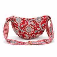 Tas Selempang Lipat Motif Mandala Bunga Merah Setengah Bulan, Ringan, Lembut, Tahan Lama, Ramah Lingkungan, Katun, Gaya Boho, Tahan Air, dengan Ritsleting