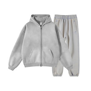 2026 Conjuntos de chándal de invierno para hombre de talla grande, con capucha y cremallera, de forro polar, con lavado ácido, bordado desgastado y pantalones acampanados - Product Image 3