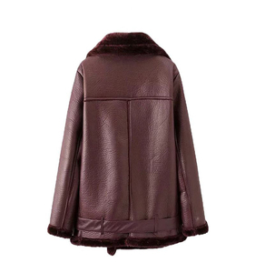 Women's Brown Genuine <b>Leather</b> Moto <b>Jacket</b> With Fur Collar Zipper Closure Full Sleeve <b>Winter</b> Style - Product Image 4
