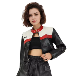 Chaqueta de aviador de cuero para mujer, edición corta, cuello alto, cremallera, nueva, en contraste, de moda, superventas - Product Image 1