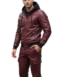 Moto Biker Style Hoodie Windproof PU Leather Sweatshirt Zip Front Hooded <b>Jacket</b> Regular Fit Autumn Solid Color - Product Image 2