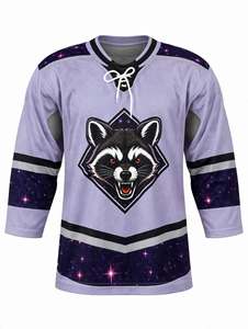 Camiseta de hockey sobre hielo personalizada por sublimación, diseño galaxia morada, estilo vintage con cordones, equipo Pastel Space Raccoon, ropa deportiva ligera de malla para entrenamiento - Product Image 1