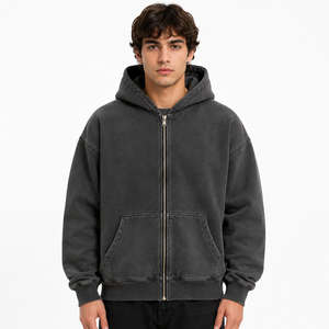 Sudadera con Capucha y Cierre de Cremallera, Corte Regular, Lavado Ácido, Felpa Francesa, 100% Algodón, Color Sólido, Secado Rápido, para Otoño - Product Image 1