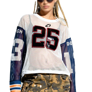 Low MOQ Custom Women's American <b>Mesh</b> Football Jersey Crop Top Long Sleeve Streetwear Fashion Tee Private Label OEM ODM Supplier - Product Image 1