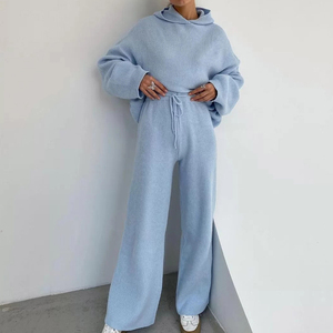 Ensemble décontracté deux pièces pour femme en tricot côtelé à capuche, coupe régulière, survêtement long, couleur unie, Spandex/Polyester, avec poches, toutes saisons - Product Image 6