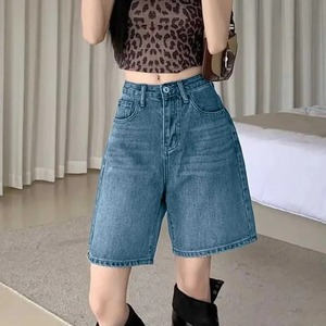 Women's Light Blue Dark Blue Black White Grey Boot Cut Knee-Length Vintage Cotton Denim Shorts Hand-painted Ripped - Product Image 1