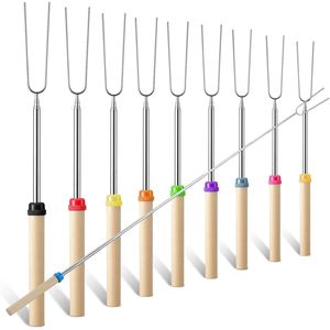 Set di 10 bastoncini estensibili da 32 pollici per arrostire marshmallow, colori assortiti, riutilizzabili, con manico in legno, strumenti premium per barbecue - Product Image 1