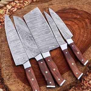 Juego de Cuchillos de Cocina de Acero de Damasco Hechos a Mano, con Mango de Madera, Colección de Cuchillos de Chef, 5 Piezas, Utensilios Culinarios - Product Image 1