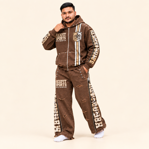 Rexfit sports 2026 Custom Custom <b>Men</b>’s <b>Brown</b> Distressed Tracksuit Zip Up <b>Hoodie</b> and Wide Leg Pants with Graphic Side - Product Image 5