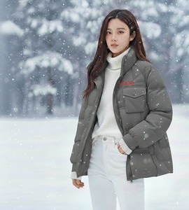 Women's Navy Blue Quilted Jacket <b>Stand</b> Collar Full Sleeve Polyester Wadding Windproof Winter Outerwear Logo Front - Product Image 4