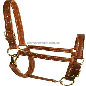 Cabestro de caballo de cuero inglés marrón de doble costura blanco hecho a medida con hebilla y anillo de corona doble resistente sólido - Product Image 3