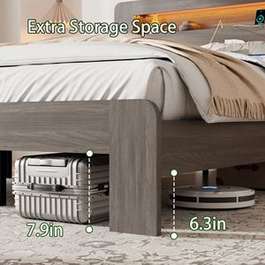 Letto matrimoniale in legno con piattaforma, testiera illuminata a LED e contenitore, 2 USB, silenzioso, non richiede rete a molle - Product Image 6