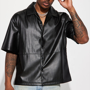 Custom High Quality Men's Short Sleeve Faux Leather Stand Collar T-<b>Shirt</b> Jacket Chest Pocket Eco-Friendly Breathable Anti-shrink - Product Image 2