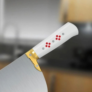 Couteau à découper la viande robuste, lame large argentée, manche blanc, design à points rouges, bolster doré, couteau de boucher de cuisine - Product Image 2