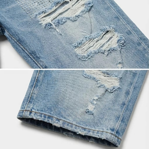 Men’s Light Blue Distressed Denim Shorts Rhinestone Embellished Loose Fit <b>Knee</b> Length Baggy Jean Shorts Casual Streetwear - Product Image 4