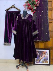 Designer Zari Embroidery Work <b>Velvet</b> <b>Top</b> With Bottom And Dupatta Fully Stitched Ready To Wear Set - Product Image 6