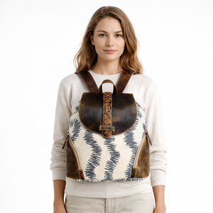 Mochila Artesanal Étnica de Lona y Cuero, Ligera y Duradera, para Senderismo, Viajes, Oficina, Universidad, Casual, Unisex - Product Image 2