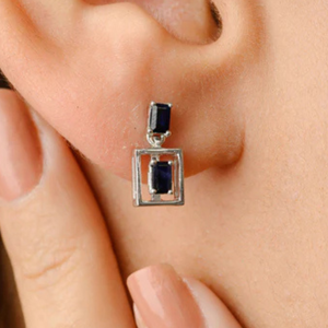 18K White Gold Baguette Blue Sapphire & Diamond Drop Earrings Vintage Geometric Style - Product Image 1
