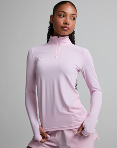 Camiseta de yoga de manga larga con cremallera de un cuarto, color rosa claro, transpirable, de color liso, ajuste regular, de elastano y poliéster, para mujer 2026 - Product Image 1