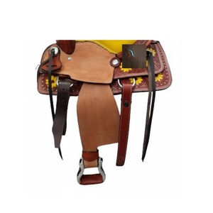 Floral <b>Hand</b> Tooled Painted Brown Leather Western Barrel Horse Saddle Metal Conchos Yellow Padded Seat Studded Latigo Straps LLT - Product Image 2