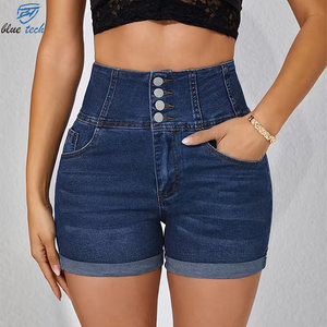 Shorts de Mezclilla para Mujer, Cintura Alta, Elásticos, Moda Verano, Casuales, Azules, con Ribete de Encaje, Desgastados, OEM - Product Image 2