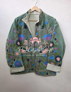Handcrafted Sage Green Velvet Quilted Kimono <b>Jacket</b> Kashmiri Suzani Embroidered Winter Coat Elegant Premium Velvet <b>Blazer</b> - Product Image 2