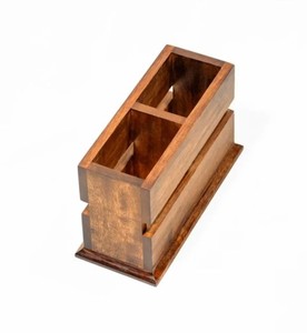 Acacia Wood Tabletop Cutlery <b>Caddy</b> with 2 Compartments Rustic Wooden Flatware Storage Organizer for Dining Table <b>Kitchen</b> Counter - Product Image 3