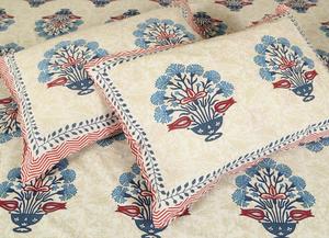Parure de lit ethnique en coton pur à imprimé floral, drap double et taies d'oreiller assorties, crème et bleu, vente en gros - Product Image 2